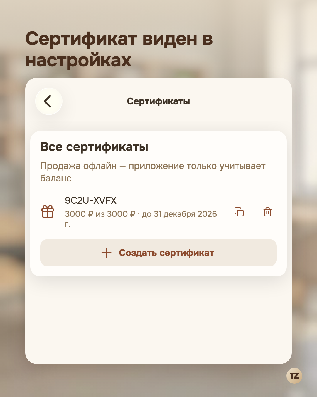 Настройки «Сертификаты»: код, остаток из номинала и срок действия