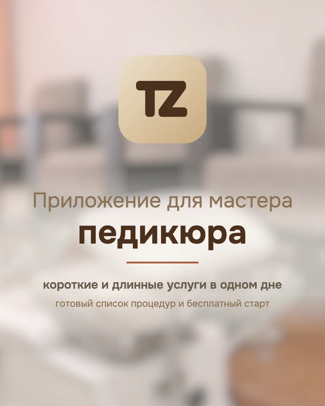Обложка со значком Talenza, размытой фотографией кресел в салоне и надписью «Приложение для мастера педикюра»
