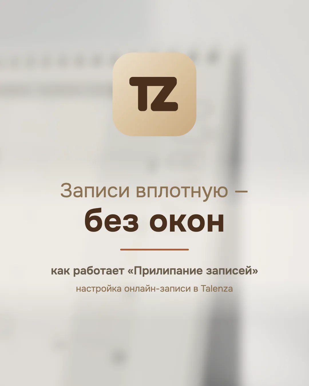 Обложка со значком Talenza, размытой фотографией страницы календаря и надписью «Записи вплотную — без окон»