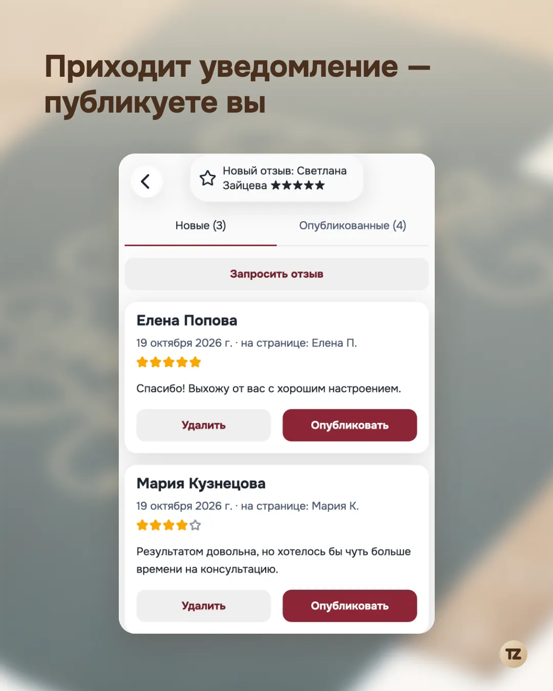 Экран «Настройки → Отзывы»: уведомление о новом отзыве и карточки с кнопками «Опубликовать» и «Удалить»